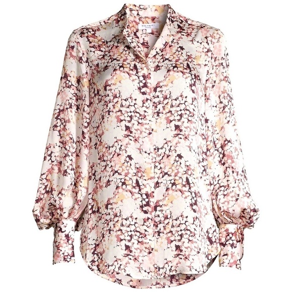 EQUIPMENT Floral Satin Draped Puff Long Sleeve Button Up Stand Collar Blouse S - Picture 11 of 13